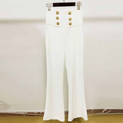 Women Hight Waisted Formal Pants Gold-tone Buttons Flare Trousers