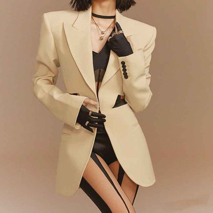 Women's Hollowed Suits Wide Leg Trouser Suit 2 Piece Pantsuits In Apricot