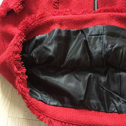 Women Red Skirt Lion Button Tassel Wool Short Skirt Hip Wrap Skirt