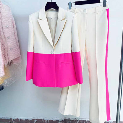 Women Hot Pink Light Beige Blazer + Flare Trousers Suit