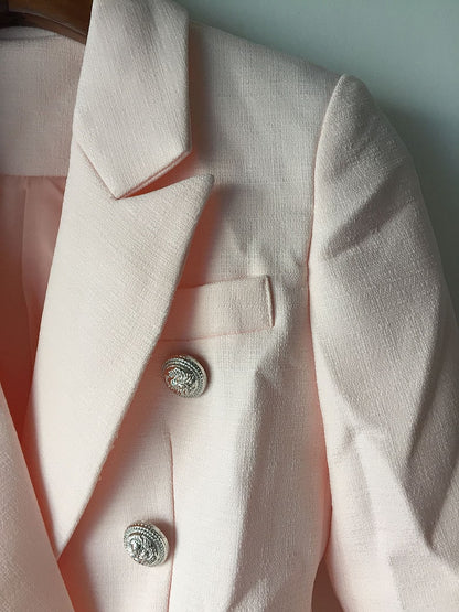 Women's Fitted Gold Lion Buttons Fitted Jacket Formal Pink Blazer
