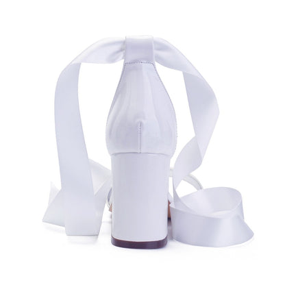 White high-heeled sandals thick heels Ankle Strap wedding party shoes