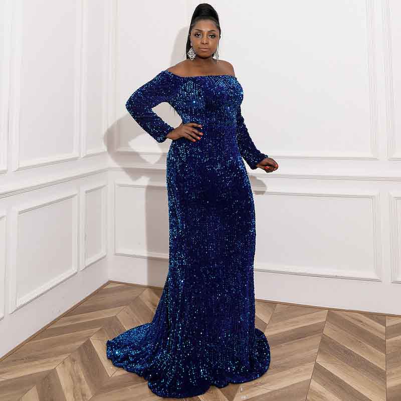 Women Plus Size Sequin Navy Blue Maxi Dress with Sleeves Evening Gowns