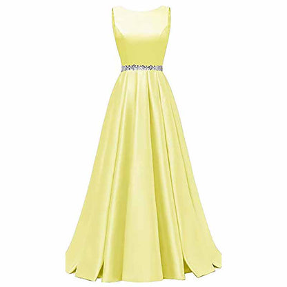 Women Long Prom Dress Satin A-Line with Beaded Belt Formal Evening Gown
