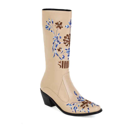 Women's Cowgirl Short Boots Embroidered Boots Chunky Heels Boots