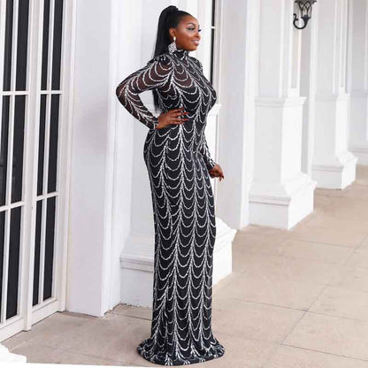 Women Plus Size Black Sequin Evening Dresses Long Formal Maxi Dresses