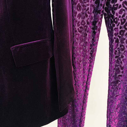 Women Velvet Dark Purple Blazer Pantsuit + Flare Trousers Suit