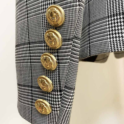 Women's Double Breasted Lion Button Blazer Slim Fitting Plaid Jacket