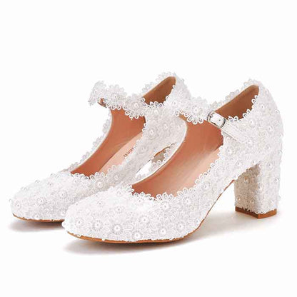 Women Wedding Shoes for Bride Low Heel Closed Toe Chunky Heel Lace Pumps