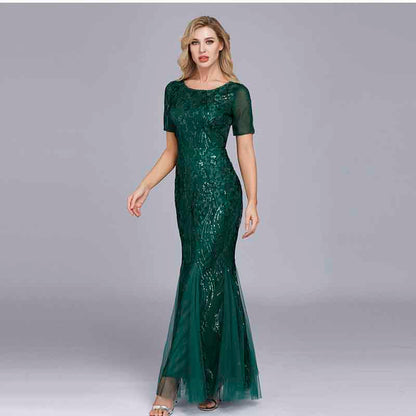 Women Maxi Sequin Bridesmaid Prom Dresses O Neck Half sleeve Party Dress