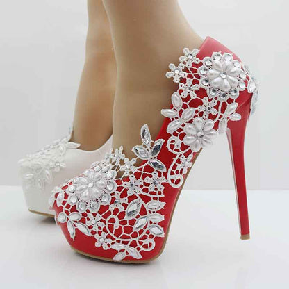 Women Round Toe Lace Wedding Heels Platform Bridal Pump