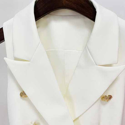 Womens White Sleeveless Button Collar Coat V Neck Button Down Top Jacket
