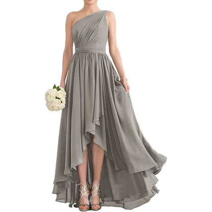 Women's One Shoulder Bridesmaid Dresses High Low Chiffon Evening Formal Gown with Pockets