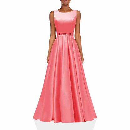 Women Long Prom Dress Satin A-Line with Beaded Belt Formal Evening Gown