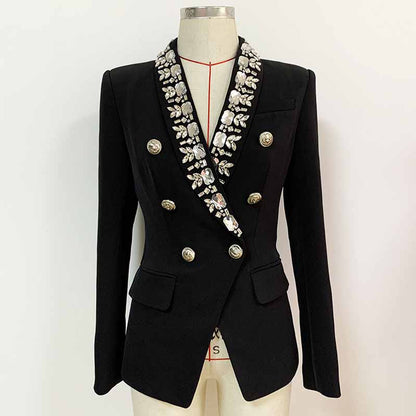 Women's Metal Lion Buttons Studded Fitted Classic Blazer Black