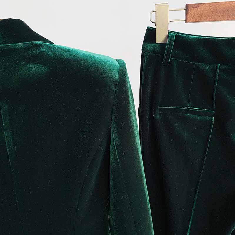 Women Velvet Green Blazer + Flare Trousers Suit