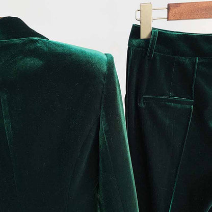 Women Velvet Green Blazer + Flare Trousers Suit