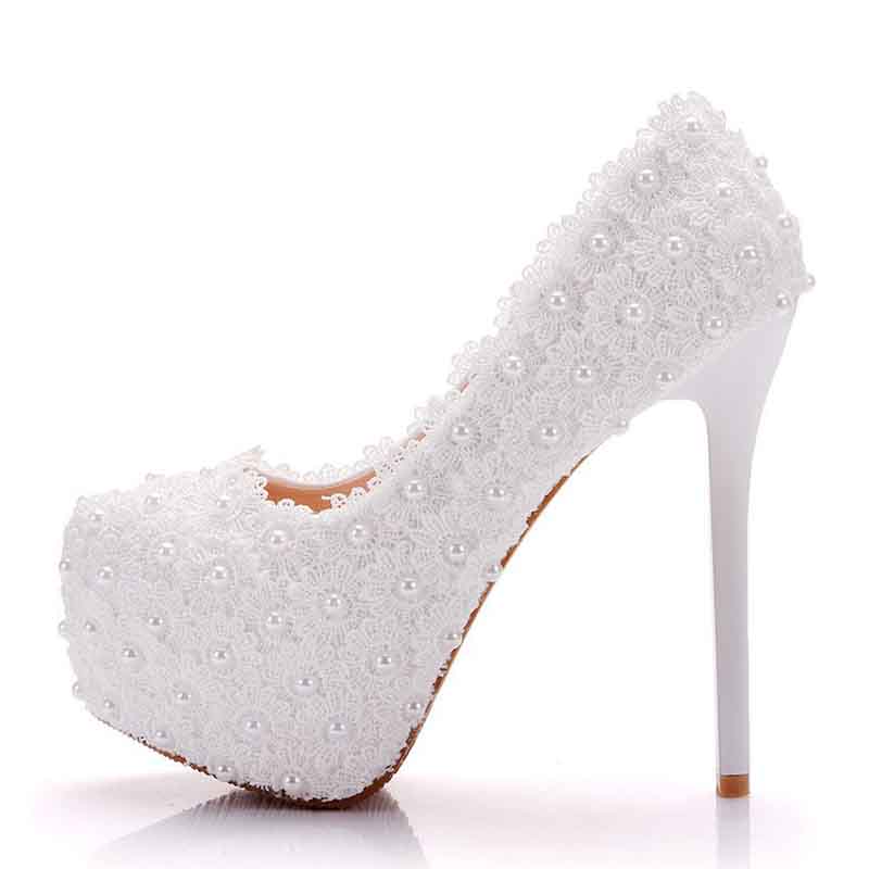 Wedding Platform Wedges Pumps White Lace Bridal Heels