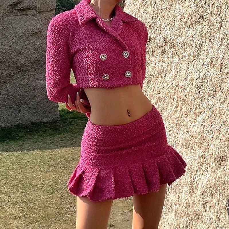 Womens Rose Pink Two Piece Short Coat with Long Sleeves + Short Skirt Formal Set
