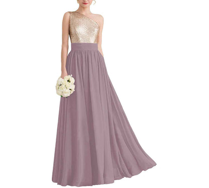 Women One Shoulder Sequin Bridesmaid Dresses Long Chiffon Formal Dresses