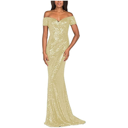 sd-hk Women's Off Shoulder Sequins Evening Dress Long Mermaid Side Slit Formal Dresses