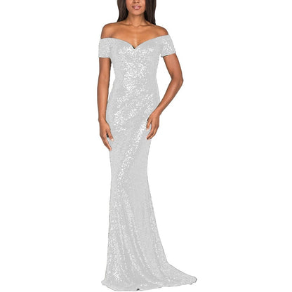 sd-hk Women's Off Shoulder Sequins Evening Dress Long Mermaid Side Slit Formal Dresses