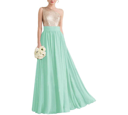 Women One Shoulder Sequin Bridesmaid Dresses Long Chiffon Formal Dresses