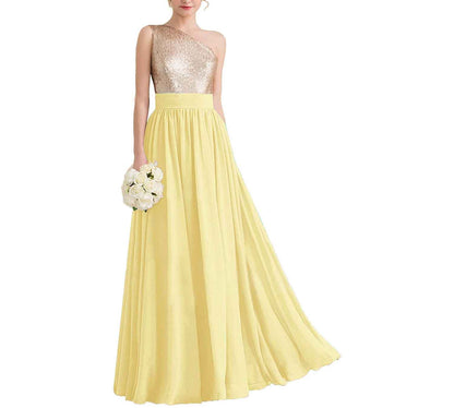 Women One Shoulder Sequin Bridesmaid Dresses Long Chiffon Formal Dresses