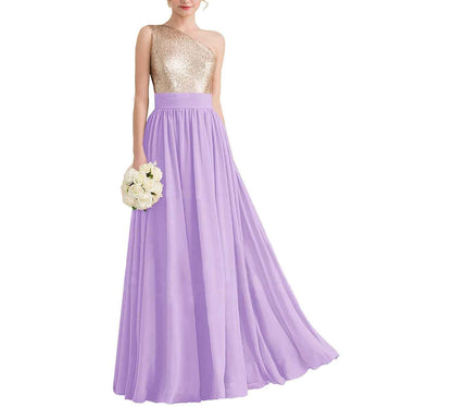 Women One Shoulder Sequin Bridesmaid Dresses Long Chiffon Formal Dresses