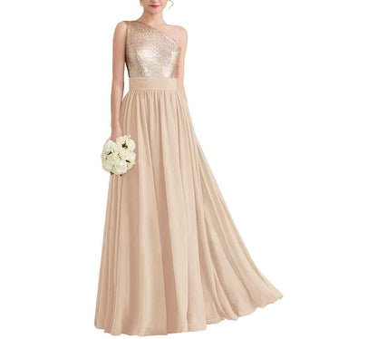 Women One Shoulder Sequin Bridesmaid Dresses Long Chiffon Formal Dresses
