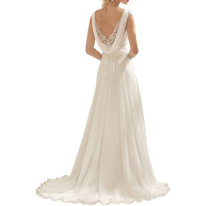 sd-hk Women's Wedding Dress Lace Double V-Neck Sleeveless Evening Dress