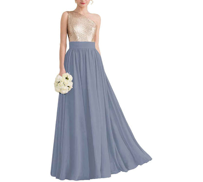 Women One Shoulder Sequin Bridesmaid Dresses Long Chiffon Formal Dresses