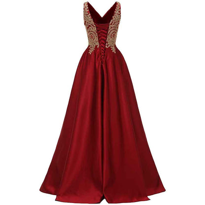Women's V Neck Appliques Prom Dresses Long Satin Evening Dress Formal Party Gown