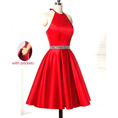 Short Prom Dress Halter Homecoming Dresses with Pockets Satin Cocktail Dress