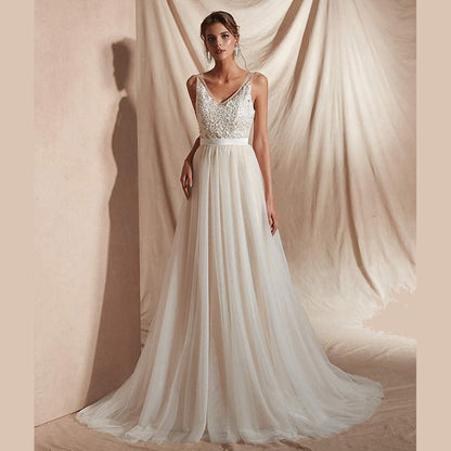 sd-hk Bride V-Neck A-line Lace Tulle Long Beach Wedding Dress for Women