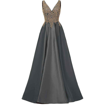 Women's V Neck Appliques Prom Dresses Long Satin Evening Dress Formal Party Gown