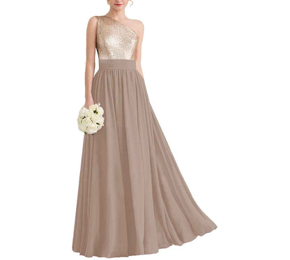 Women One Shoulder Sequin Bridesmaid Dresses Long Chiffon Formal Dresses
