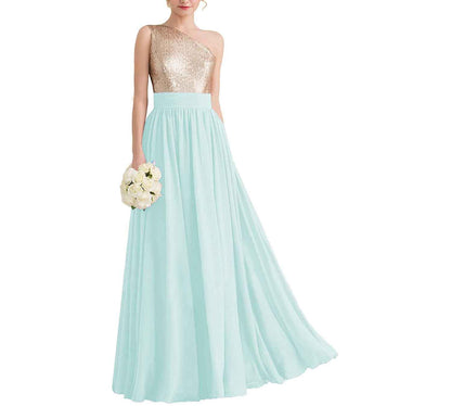 Women One Shoulder Sequin Bridesmaid Dresses Long Chiffon Formal Dresses