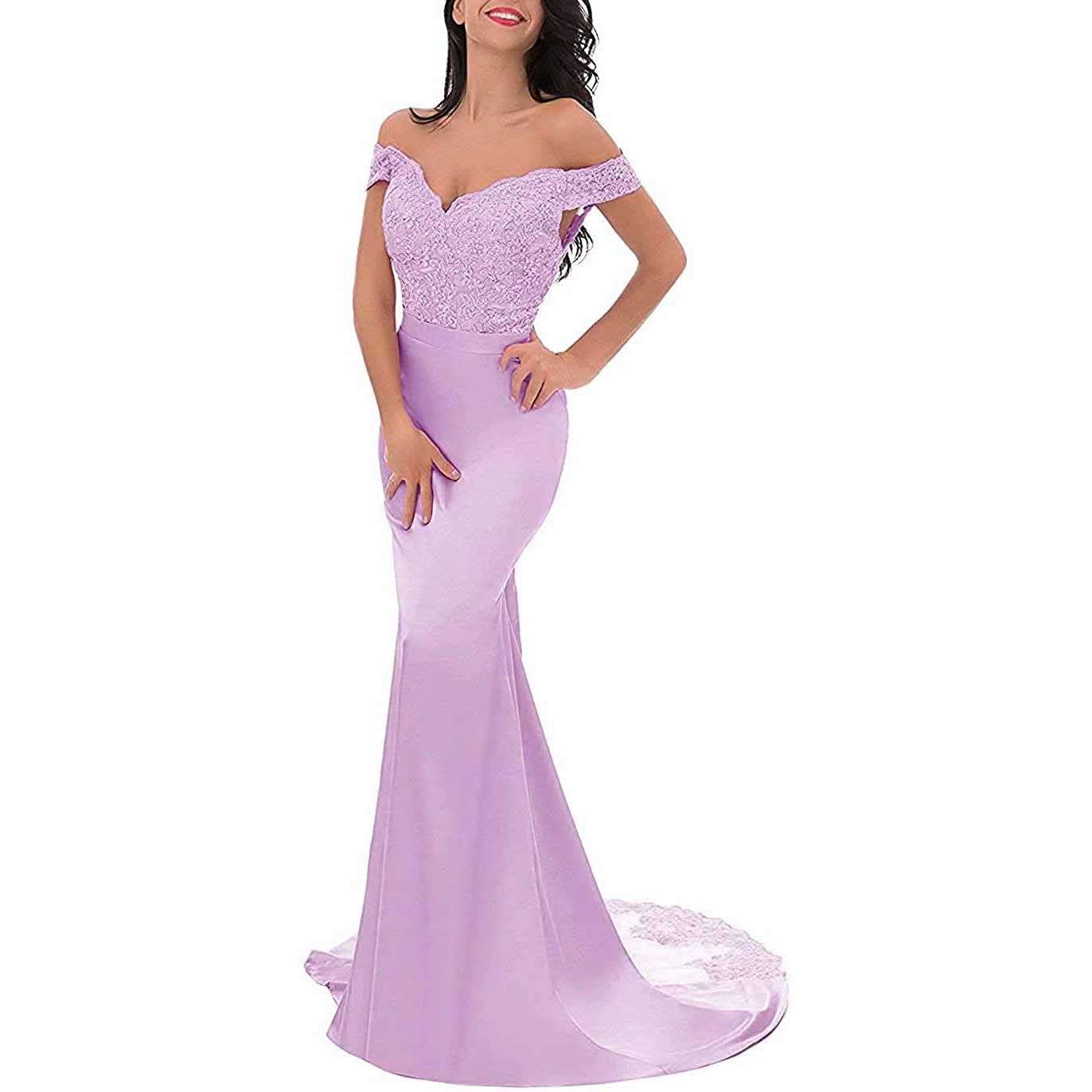 Women Long Lace Beaded Bridesmaid Dresses Off Shoulder Mermaid Backless Prom