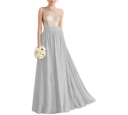 Women One Shoulder Sequin Bridesmaid Dresses Long Chiffon Formal Dresses