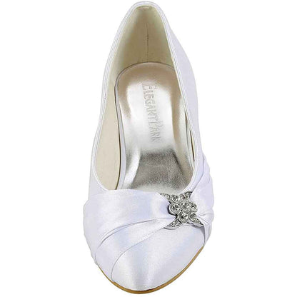 Women Closed Toe Comfort Heel Rhinestone Satin Wedding Bridal Shoes