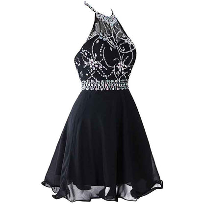 Women's Beaded Halter Homecoming Dress Short Tulle Prom Dress