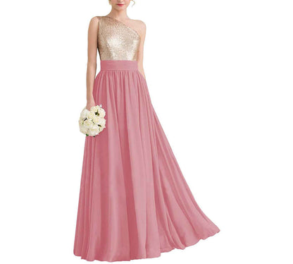 Women One Shoulder Sequin Bridesmaid Dresses Long Chiffon Formal Dresses