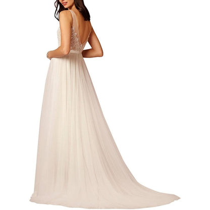 sd-hk Bride V-Neck A-line Lace Tulle Long Beach Wedding Dress for Women