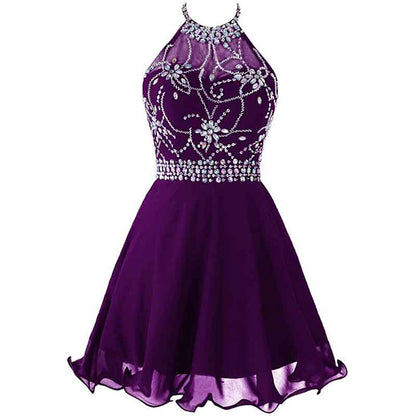 Women's Beaded Halter Homecoming Dress Short Tulle Prom Dress