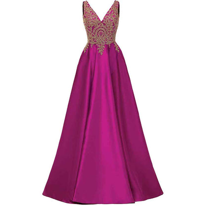 Women's V Neck Appliques Prom Dresses Long Satin Evening Dress Formal Party Gown