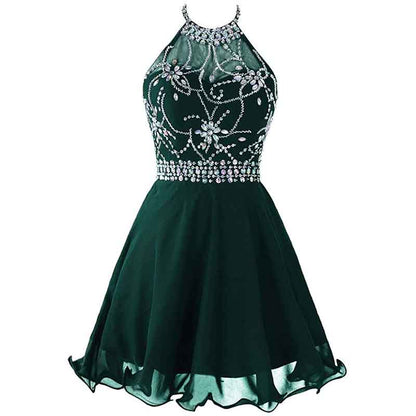 Women's Beaded Halter Homecoming Dress Short Tulle Prom Dress