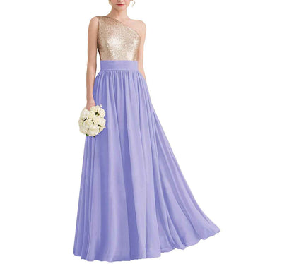 Women One Shoulder Sequin Bridesmaid Dresses Long Chiffon Formal Dresses