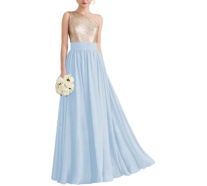 Women One Shoulder Sequin Bridesmaid Dresses Long Chiffon Formal Dresses