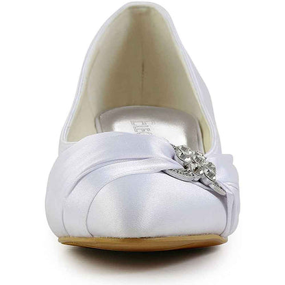 Women Closed Toe Comfort Heel Rhinestone Satin Wedding Bridal Shoes